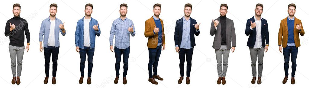 Collage of handsome young business man wearing different looks over white isolated background doing happy thumbs up gesture with hand. Approving expression looking at the camera with showing success.