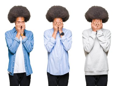 Kolaj bir süre ağlayan yüz eller ile kapsayan üzgün ifade ile beyaz izole arka plan üzerinde afro saçlı genç adam. Depresyon kavramı.