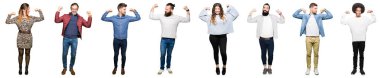 İnsanların kol kasları gururlu gülümseyen gösterilen beyaz izole arka plan üzerine kolaj. Fitness kavramı.