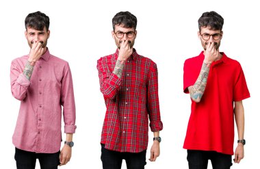 Genç adam gözlüklü bir şey pis ve iğrenç kokulu izole arka plan, dayanılmaz koku, holding nefes burun parmaklar ile kolaj. Kötü kokuyor kavramı.