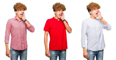 Bağırarak ve ağzı üzerinde el ile yan için çığlık izole beyaz arka plan üzerinde kıvırcık saçlı genç bussines adam kolaj. İletişim kavramı.