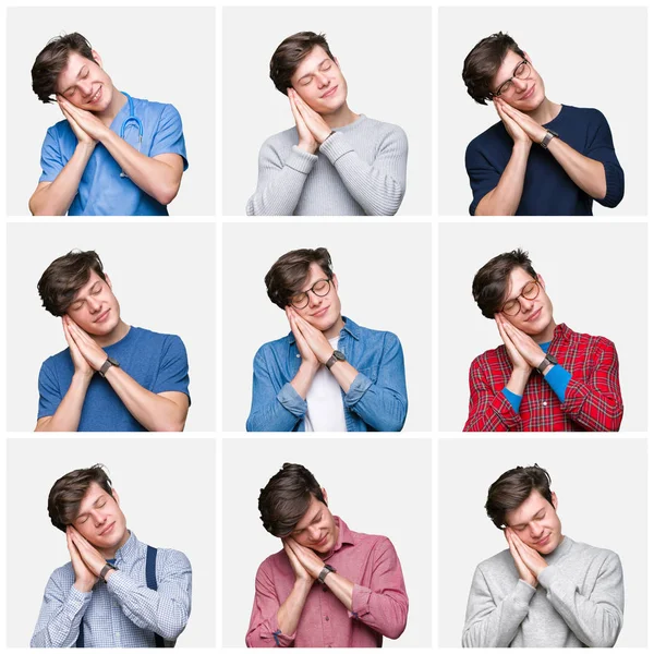 Uyku yorgun hayal ve eller ile birlikte Kapalı gözlerle gülümseyerek poz beyaz izole arka plan üzerinde genç adam kolaj.