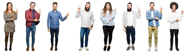 Collage Personas Sobre Fondo Blanco Aislado Sonriendo Con Cara Feliz — Foto de Stock