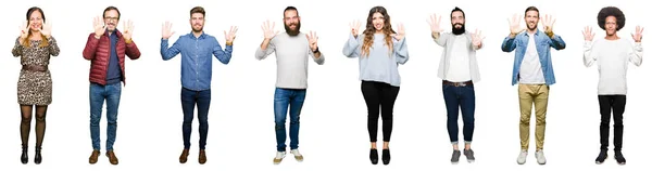 Колаж Людей Над Білим Ізольованим Фоном Показує Вказує Пальцями Номер — стокове фото