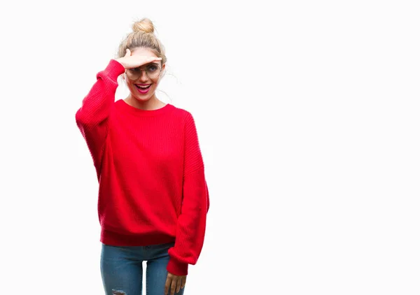 Ung Vacker Blond Kvinna Klädd Röd Tröja Och Glasögon Över — Stockfoto