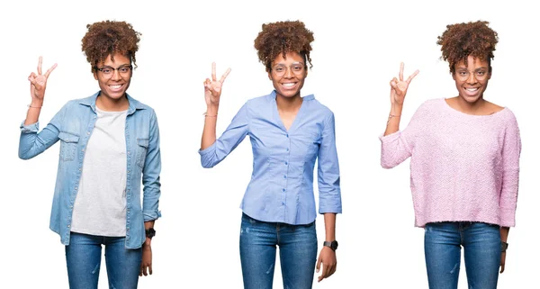 Genç güzel Afrikalı kız gösterilen ve parmakları ile işaret izole arka plan üzerinde kolaj ikincisi ise kendinden emin ve mutlu gülümseyerek.