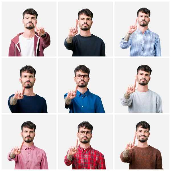 Коллаж Молодого Человека Изолированном Фоне Указание Пальцем Вверх Злое Выражение — стоковое фото