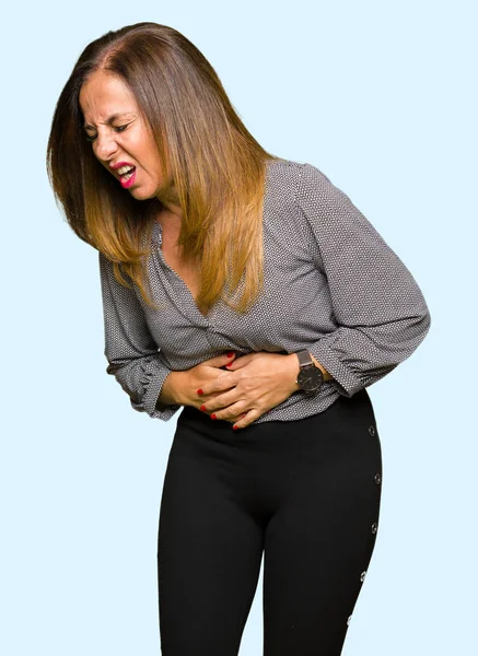 Beautiful Middle Age Business Woman Hand Stomach Because Nausea Painful — Stock Photo, Image