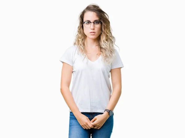 Beautiful Young Blonde Woman Wearing Glasses Isolated Background Relaxed Serious — Stock Photo, Image