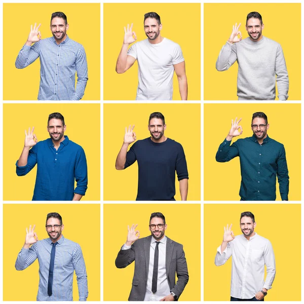 Collage Hombre Guapo Sobre Fondo Aislado Amarillo Sonriendo Positiva Haciendo —  Fotos de Stock