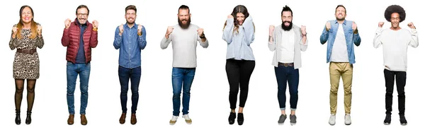 Collage Van Mensen Witte Geïsoleerde Achtergrond Enthousiast Voor Succes Met — Stockfoto