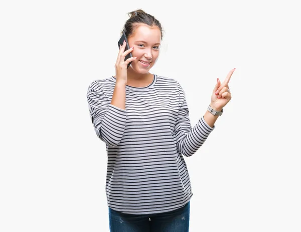 Young Beautiful Caucasian Woman Talking Smartphone Isolated Background Very Happy — Stock Photo, Image