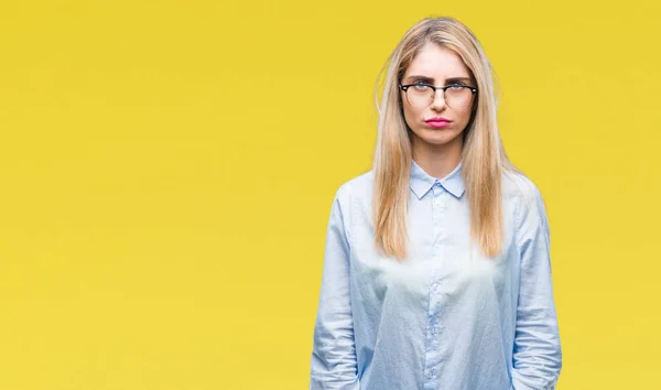 Młody Piękny Biznes Blond Kobieta Okularach Białym Tle Depresji Niepokoju — Zdjęcie stockowe