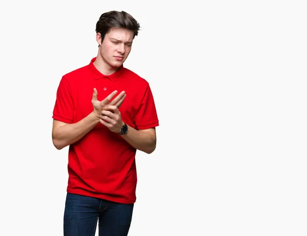Homem Bonito Jovem Vestindo Camiseta Vermelha Sobre Fundo Isolado Sofrendo — Fotografia de Stock