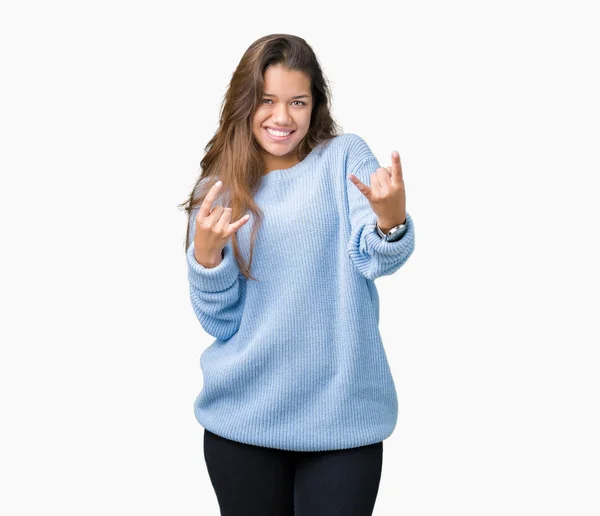Mujer Morena Hermosa Joven Vistiendo Suéter Azul Invierno Sobre Fondo —  Fotos de Stock