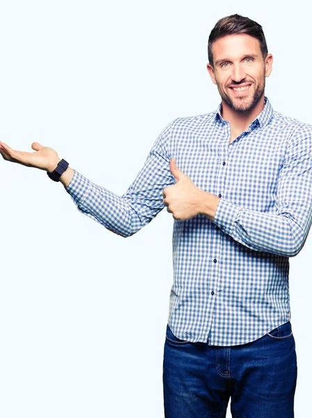 Handsome Business Man Blue Eyes Showing Palm Hand Doing Gesture — Stock Photo, Image
