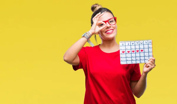 Jonge Mooie Vrouw Houdt Van Menstruatie Kalender Geïsoleerde Achtergrond Met — Stockfoto