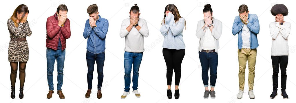 Collage of people over white isolated background with sad expression covering face with hands while crying. Depression concept.