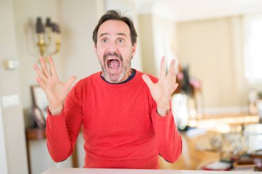 Yakışıklı orta yaş adam evde deli ve başarı için hayran kaldırdı Kollarını açarak kutluyor ve heyecanlı çığlık gözleri açık. Kazanan kavramı