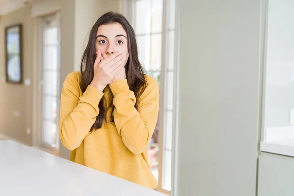 Beautiful Young Woman Wearing Yellow Sweater Shocked Covering Mouth Hands — Stock Photo, Image