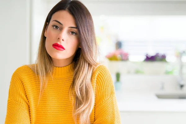 Young Beautiful Woman Wearing Winter Sweater Home Serious Expression Face — Stock Photo, Image