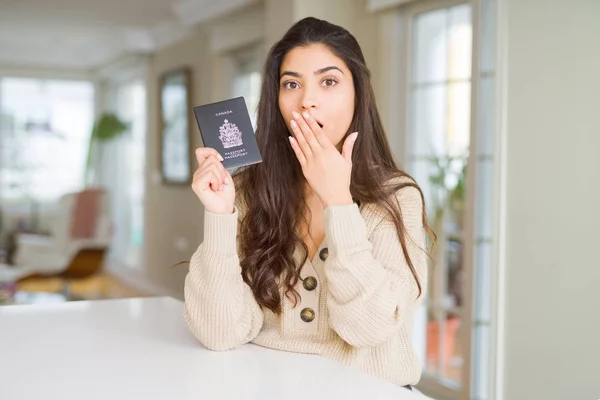 Young Woman Holding Passport Canada Cover Mouth Hand Shocked Shame — Stock Photo, Image