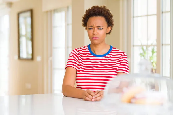 Young Beautiful African American Woman Home Skeptic Nervous Frowning Upset — Stock Photo, Image