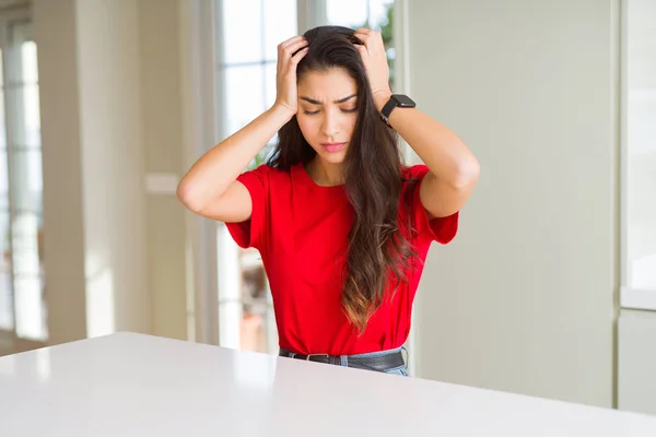 Young Beautiful Woman Home White Table Suffering Headache Desperate Stressed — Stock Photo, Image