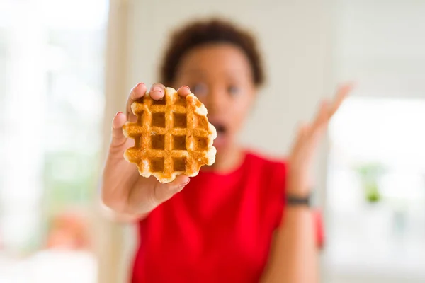 Young African American Woman Eating Sweet Waffle Very Happy Excited — Stock Photo, Image