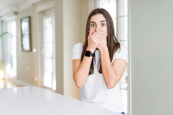 Beautiful Young Woman Wearing Casual White Shirt Shocked Covering Mouth — Stock Photo, Image