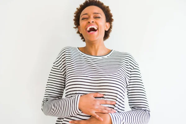 Joven Mujer Afroamericana Hermosa Con Rayas Suéter Sobre Fondo Blanco — Foto de Stock