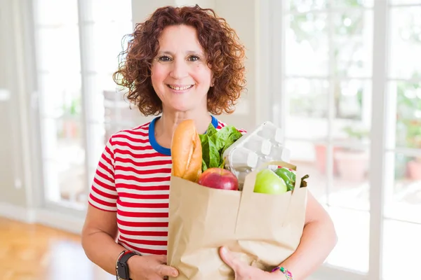 Senior Woman Holding Paper Bag Full Fresh Groceries Supermarket Happy — Stock Photo, Image