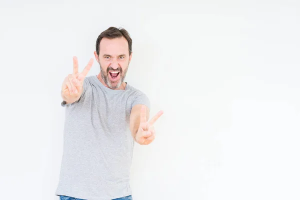 Handsome Senior Man Isolated Background Smiling Looking Camera Showing Fingers — Stock Photo, Image