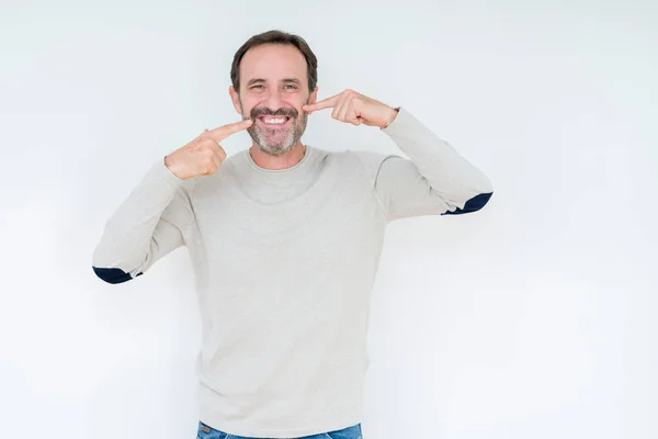 Elegant Senior Man Isolated Background Smiling Confident Showing Pointing Fingers — Stock Photo, Image