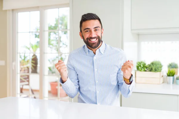 Handsome Hispanic Business Man Celebrating Surprised Amazed Success Arms Raised — Stock Photo, Image