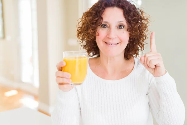 幸せな顔で ナンバーワンのアイデアや質問ポインティング指で年配の女性煮沸新鮮なオレンジ ジュースのガラスを驚かせた — ストック写真