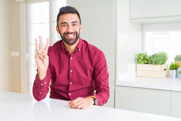 Handsome Hispanic Business Man Showing Pointing Fingers Number Three While — Stock Photo, Image