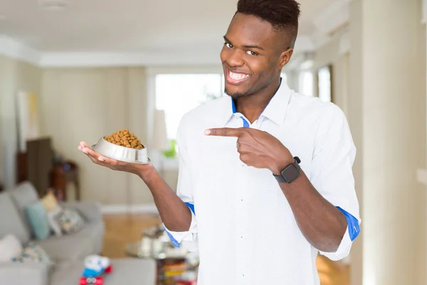 African American Homme Tenant Bol Métal Avec Nourriture Sèche Chat — Photo
