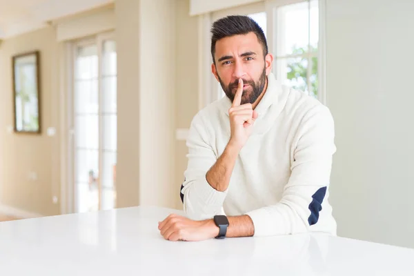 Handsome Hispanic Man Wearing Casual White Sweater Home Asking Quiet — Stock Photo, Image