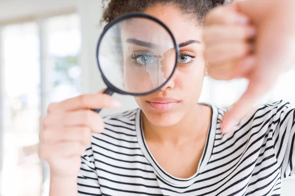 Young African American Woman Looking Magnifying Glass Angry Face Negative — Stock Photo, Image