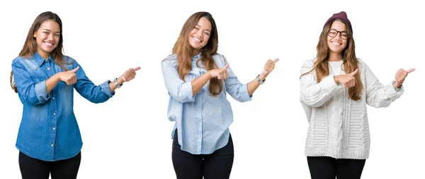 Collage Van Mooie Jonge Vrouw Geïsoleerde Achtergrond Wijzend Naar Achterzijde — Stockfoto