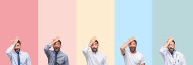 Collage of handsome man over colorful stripes isolated background surprised with hand on head for mistake, remember error. Forgot, bad memory concept. clipart