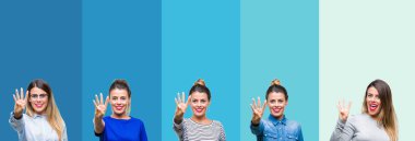 Kolaj gösterilen ve parmakları ile işaret eden oktan yukarı mavi çizgili izole arka plan üzerinde genç güzel kadın kendinden emin ve mutlu gülümseyerek süre dört numara.