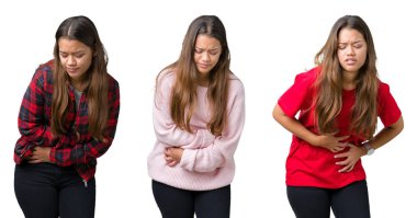 Güzel genç kadın kolaj izole mide üzerinde el ile arka plan çünkü mide bulantısı, ağrılı hastalık hasta hissediyor. Ağrısı kavramı.