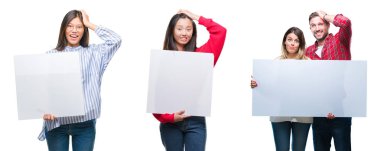 Çince kolaj ve hispanish insanların kafasında, utanç ve sürpriz ile şok el ile vurguladı izole arka plan üzerinde afiş tutarak yüz, öfkeli ve sinirli. Korku ve hata için üzgün.