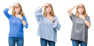 Beyaz güzel sarışın kadın kolaj izole arka plan dokunmadan hastalık ve ateş, grip ve soğuk, virüs hasta için alın