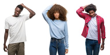 Kolaj Afro-Amerikan grup izole arka plan üzerinde insan yanıltır ve soru hakkında merak ediyorum. Şüphe, kafasına el ile düşünme ile belirsiz. Dalgın kavramı.