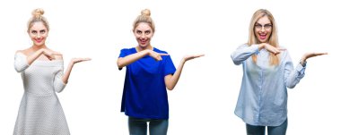 Kolaj genç güzel sarışın kadının üzerinden hayran ve el ile sunulması ve parmak ile işaret ederken kameraya gülümseyen izole arka plan.