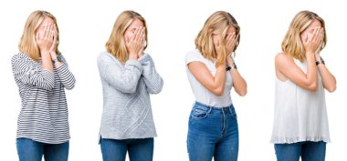 Kolaj güzel sarışın kadın beyaz bir arka plan üzgün ifade yüz eller ile ağlayarak süre kapsayan ile izole. Depresyon kavramı.