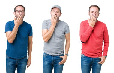 Kolaj üst düzey yakışıklı beyaz izole zemin üzerinde bir el ağzıyla kapsayan yorgun esneme sıkılmış. Restless ve uyku hali.